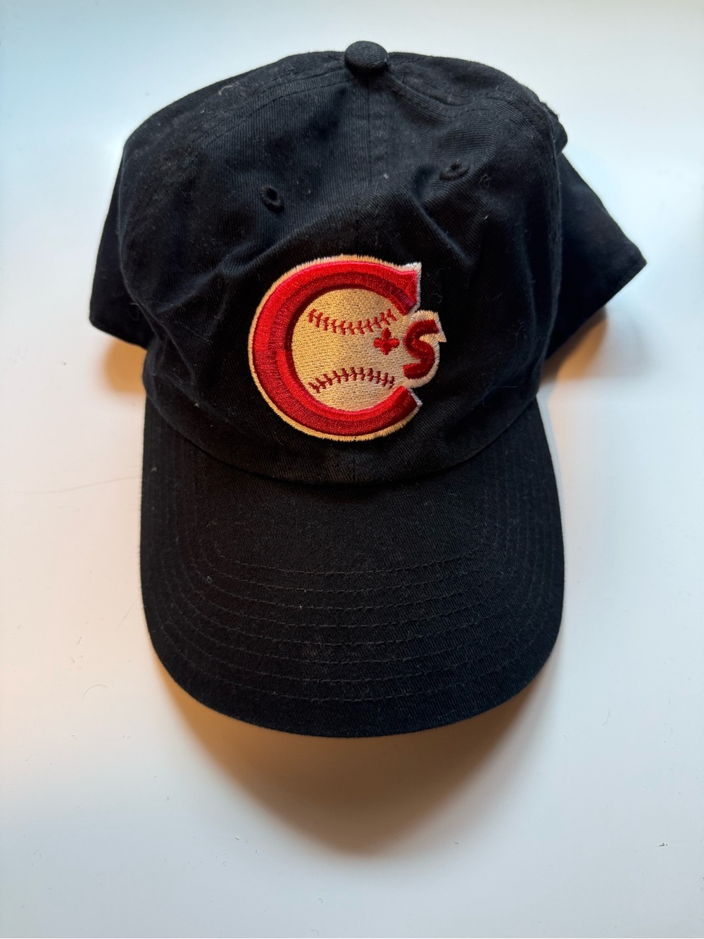 Black Baseball Cap with Red & Cream Baseball Patch
